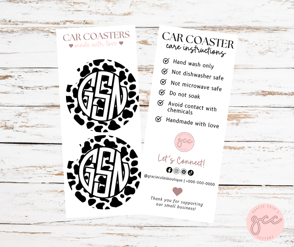 Cow Print Monogram Car Coaster Set