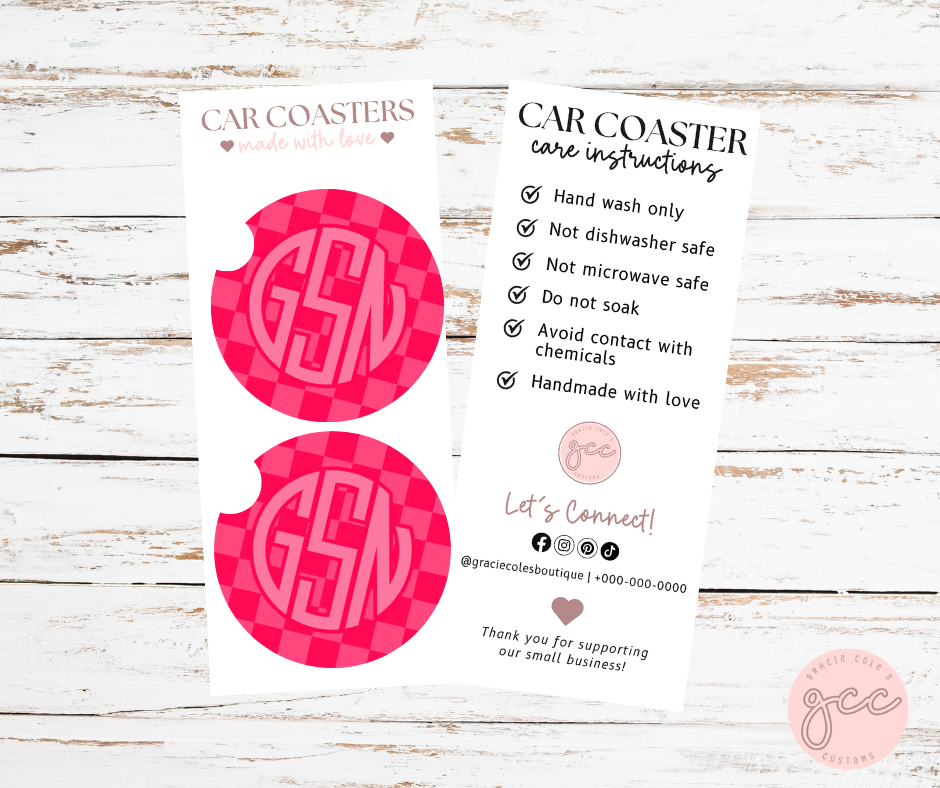 Pink Checkered Car Coaster Set