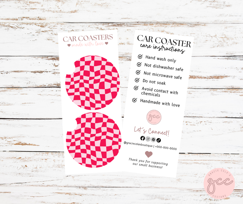 Pink Checkered Car Coaster Set