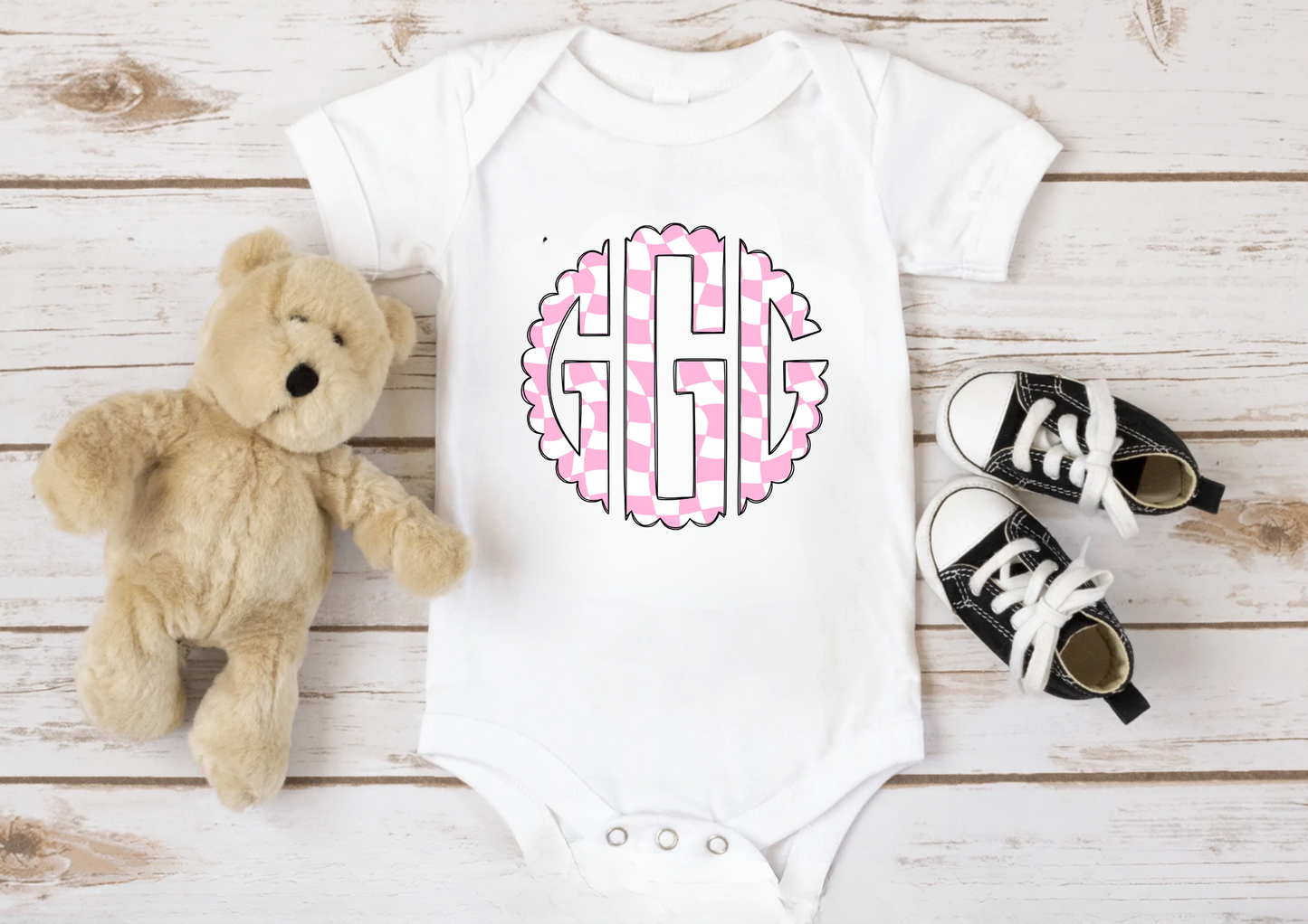 Pink Checkered Monogram Onesie