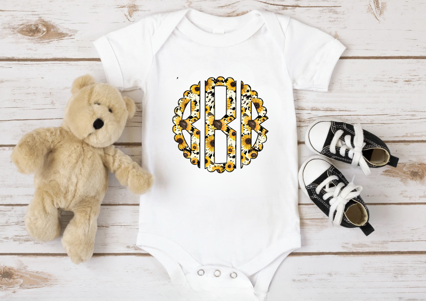 Sunflower & Cow Print Monogram Onesie