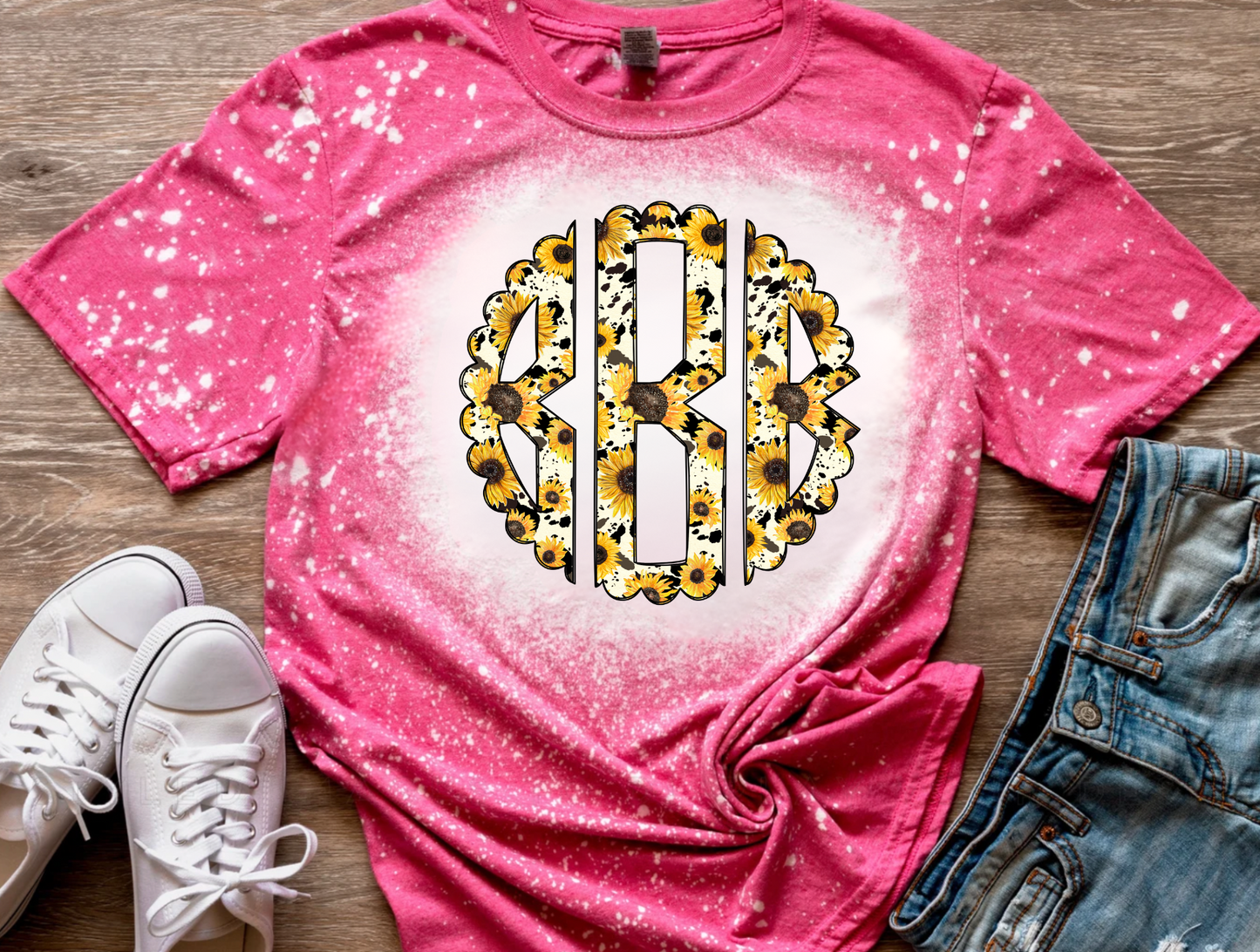 Sunflowers & Cow Print Monogram Bleached Tee