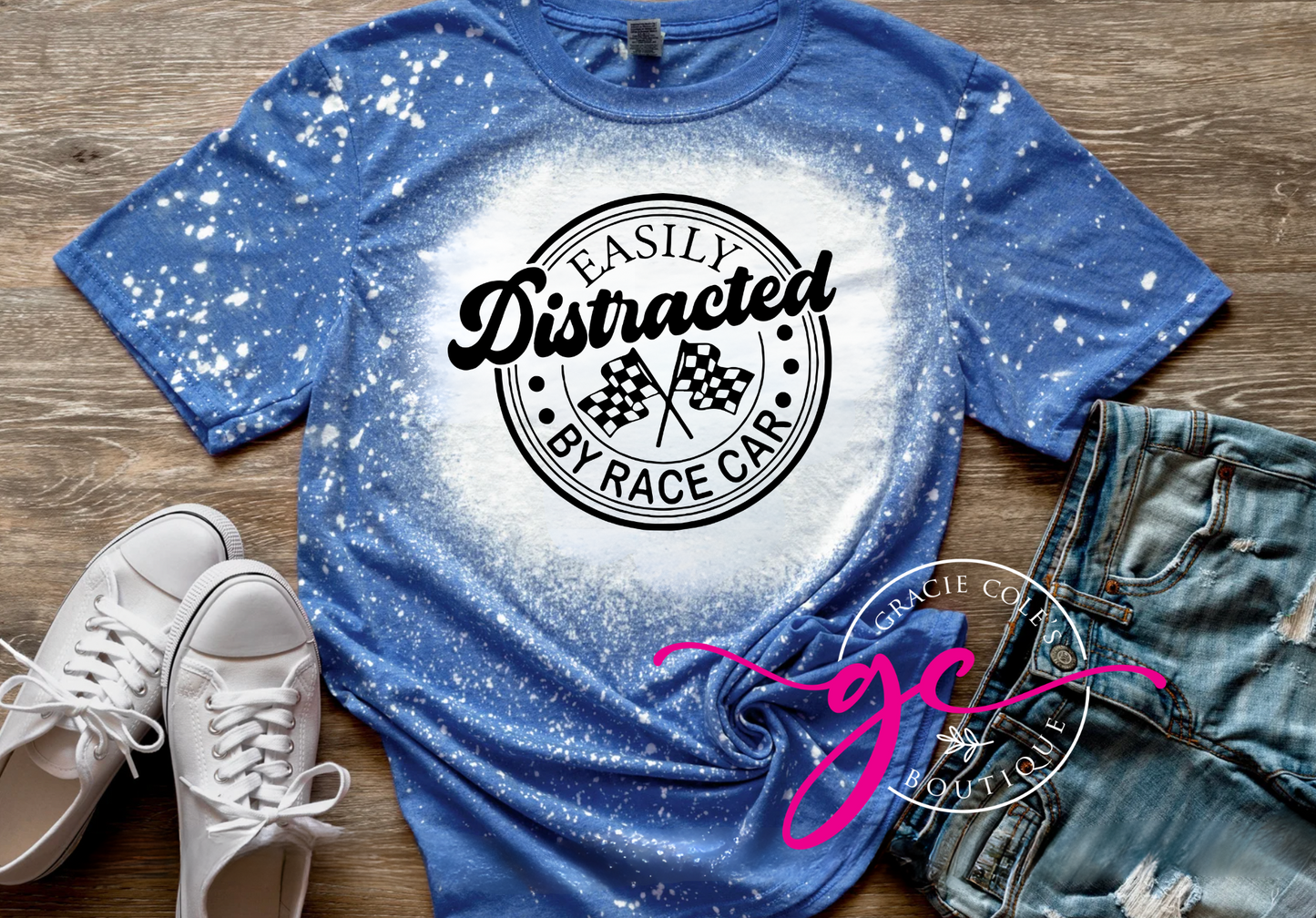 Easily Distracted By Race Car Bleached Tee