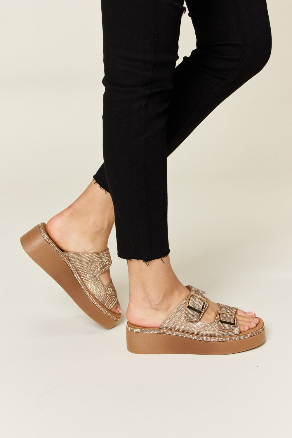 Rhinestone Buckled Wedge Sandals